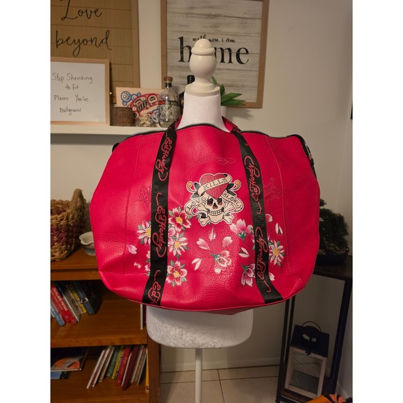Ed Hardy Handbags - Ed Hardy Love Kills Slowly Pink Faux Leather Travel Tote Bag Skull Floral Y2K